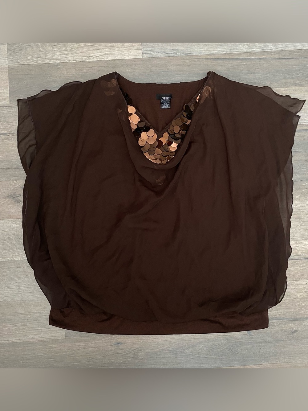 Vintage Y2K Pat Rego Chocolate Brown Sequin Drape Neck Sheer Blouse Slit Sleeve